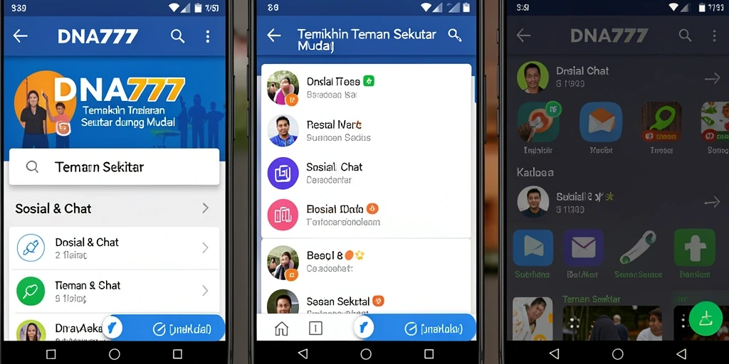 Tampilan antarmuka aplikasi DNA777 dengan fitur Teman Sekitar yang menarik.