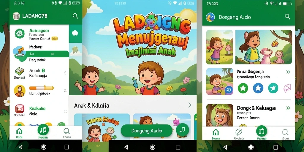 Antarmuka aplikasi LADANG78 dengan pilihan cerita dongeng yang menarik.