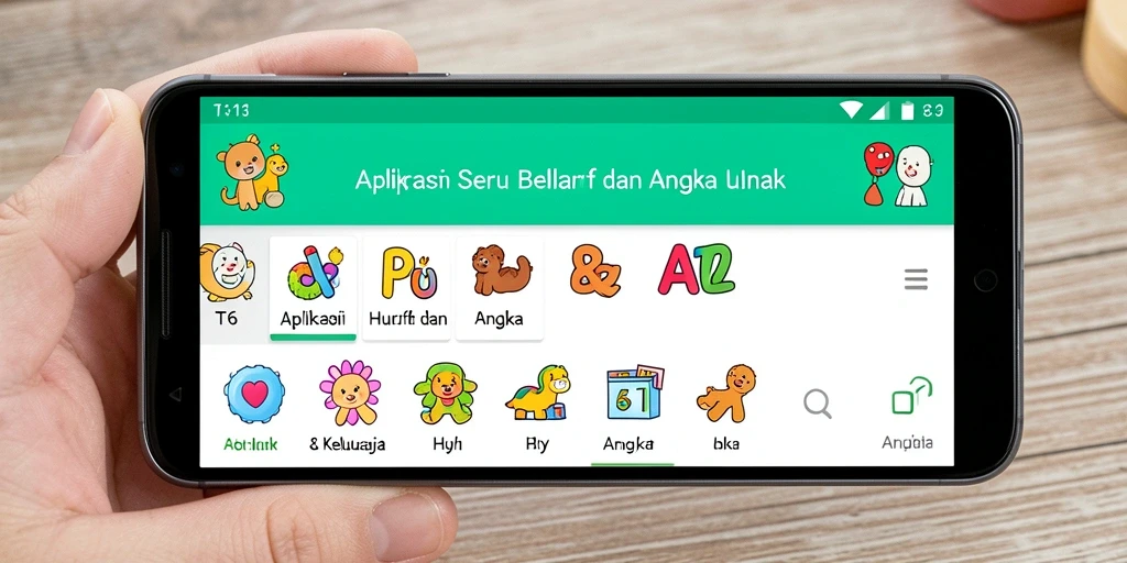 Antarmuka aplikasi T6 untuk belajar huruf dan angka yang ceria.
